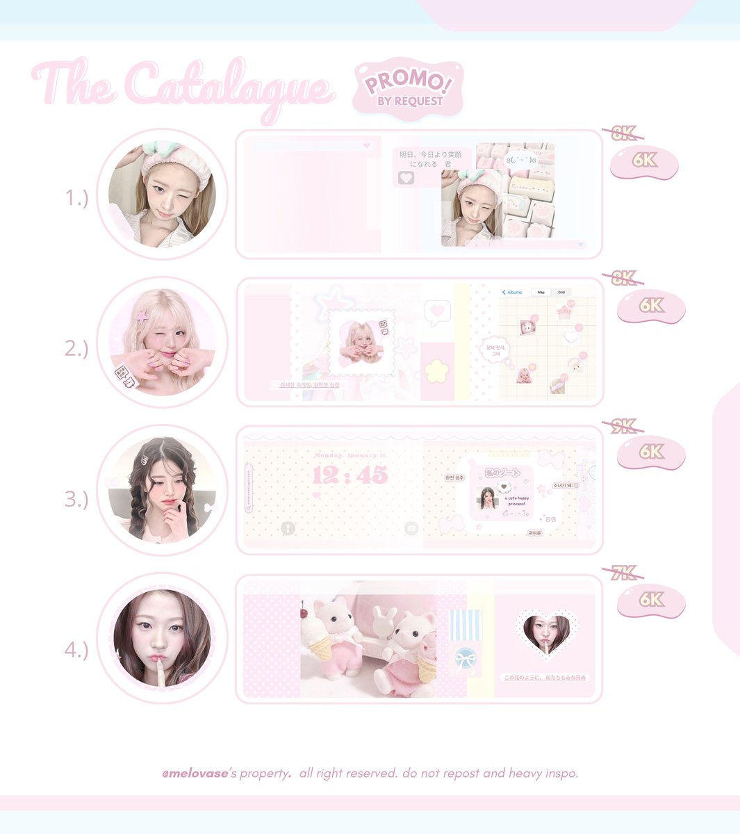 sejutadollars's tweet image. ⓘ help rt yaaaw kakak cayang! ♥︎

♥︎ ︵PROMO LAYOUT BY REQUEST  ⪩. .⪨ 

dalam rangka (lagi senang) lova mau adain PROMO layout by request untuk ke-4 katalog ini jadi Rp6000 aja! 
#zonauang #zonaba