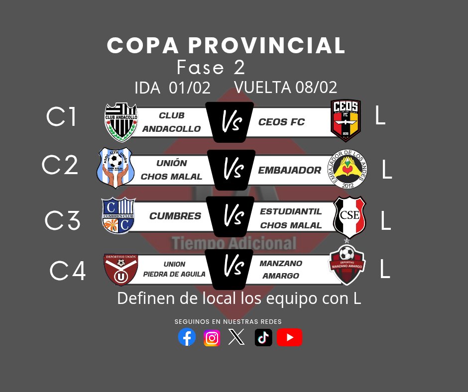 ⚽ Rueda la Caprichosa ⚽

Ya con todos los clubes en pretemporada, se acerca el debut de Copa Provincial. 
Los cruces de la Segunda Fase son clubes del sur y norte de Neuquén.

#CopaProvincial #SegundaFase #TiempoAdicional