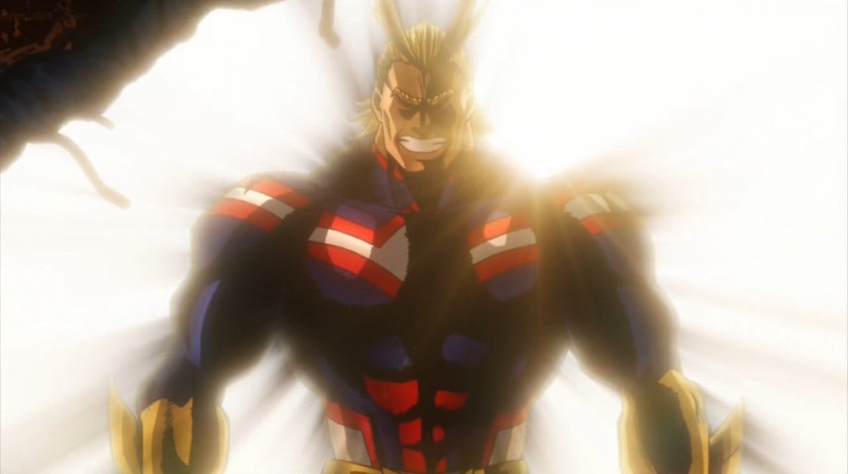 En plena noche All Might hace aparecer una luz cegadora detrás de el con pura esperanza