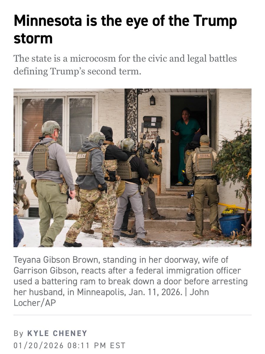 kyledcheney's tweet image. NEW: Trump spent his first year amassing and deploying presidential power in ways that have tested — and sometimes breached — constitutional limits.

The federal crackdown on Minnesota is the culmination of those efforts. 

politico.com/news/2026/01/2…