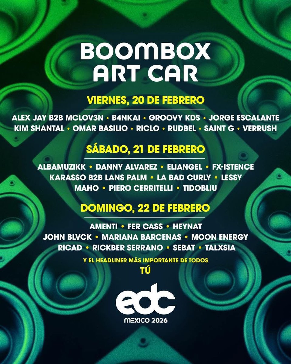 Las primeras piezas del rompecabezas ya están aquí. ⚡️

BUHO y Boombox Art Car revelan su distribución por día en EDC México (<a href="/EDC_MEXICO/">EDC Mexico</a>) 2026. Tres días, múltiples sonidos, talentos que marcan presente y futuro, y una pista clara de lo que se vivirá en febrero. 🔥✨