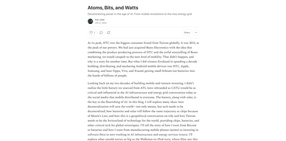 "I believe this battery we're building will help empower the sovereign individual.” Lessons from the peak of HTC and why I’m building Cold Electric.

From atoms to bits to watts. 

My first Substack post on the future of AI infra and energy:open.substack.com/pub/philchen7/…