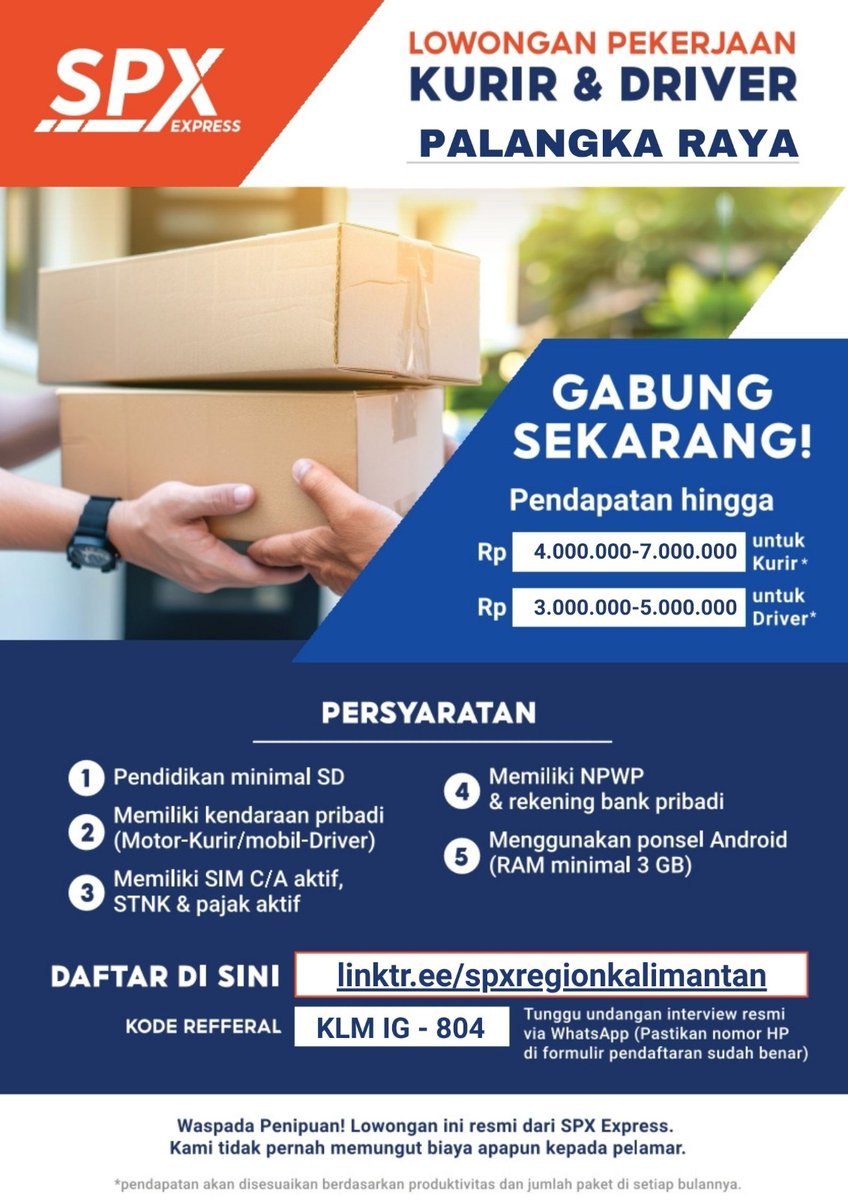 iceopennetworkk's tweet image. Loker SPX Express! 🛵🚗

Posisi: Rider &amp;amp; Driver

Daftar di sini: 👉 linktr.ee/spxregionkalim…

Info lebih lanjut: 📞 0858-2176-2618 (Suci)

Proses GRATIS! 🚫💸

#LokerPalangkaRaya #SPXExpress #LokerKurir #Palangkaraya #Kalteng