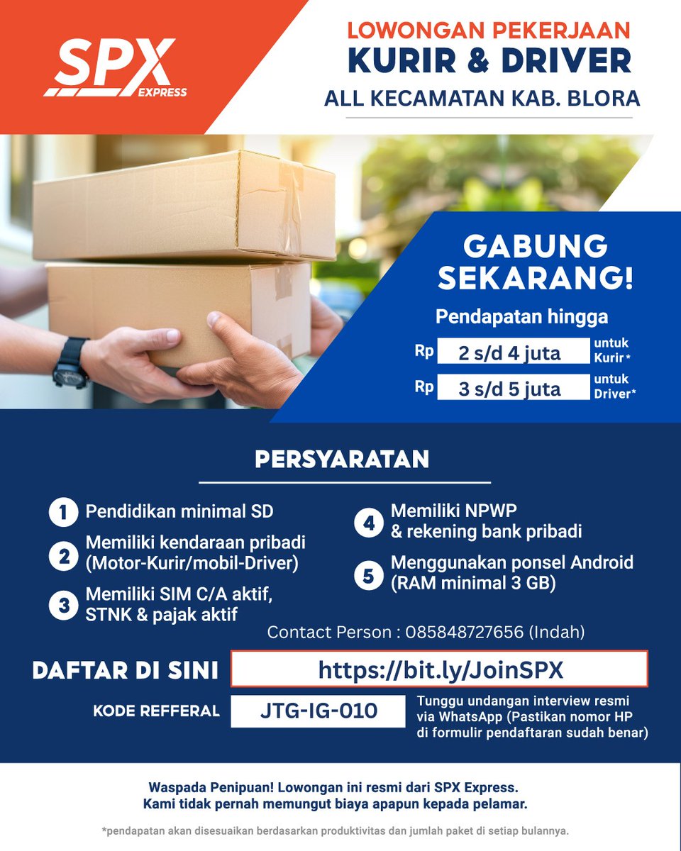 iceopennetworkk's tweet image. Loker SPX Express! 🛵🚗

Posisi: Rider &amp;amp; Driver

Daftar di sini: 👉 linktr.ee/spxregionkalim…

Info lebih lanjut: 📞 0858-2176-2618 (Suci)

Proses GRATIS! 🚫💸

#LokerPalangkaRaya #SPXExpress #LokerKurir #Palangkaraya #Kalteng