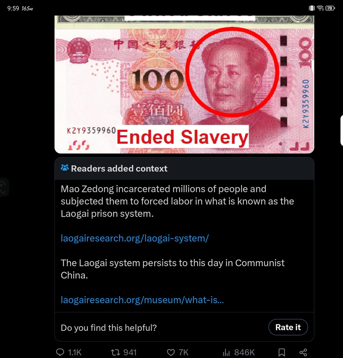 <a href="/ShangguanJiewen/">Jason Smith - 上官杰文</a> <a href="/nthinglsethnme/">Coke Can Greg</a> Wait a second

The United States incarcerated more people than Mao Zedong and subjects them to penal labor

And it's a fact that Mao Zedong ended slavery beyond just the Laogai

Why use biased sources?

Use Chinese and third-party sources too.