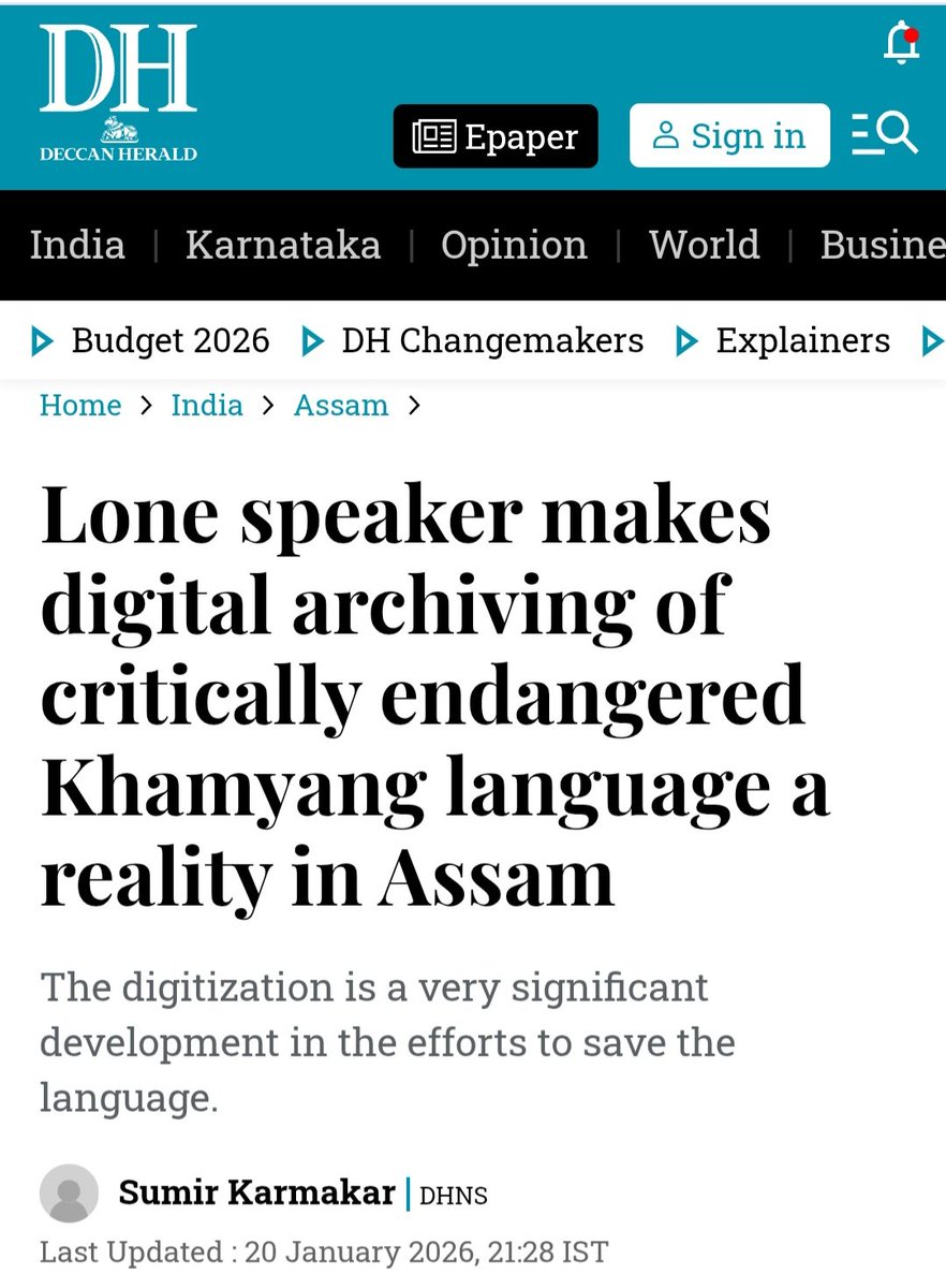 #Lone octogenarian speaker makes digitization of criticaly endangered #Khamyang langauge a reality in #assam. 
deccanherald.com/india/assam/lo… <a href="/DeccanHerald/">Deccan Herald</a> <a href="/abilacassam/">abilacassam</a>