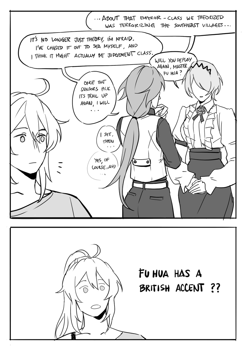 i have a dumb headcanon where, whenever fu hua talks to rita, she slips into a british accent from when she stayed in london and hung out with holmes

#HonkaiImpact3rd #fuhua