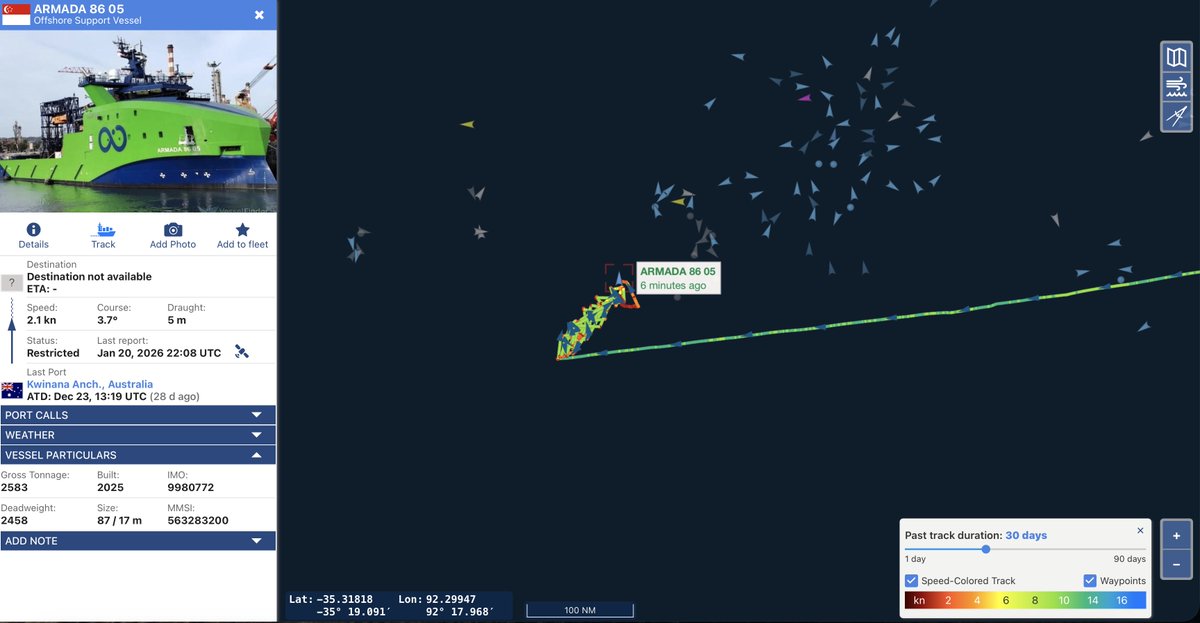 jaysguitars's tweet image. #MH370 #OceanInfinity Here is a look at Armada 86 05's track in the search area. I have wind and waves turned on in the last two images. They have not had a nice time of it. #vesselfinder
