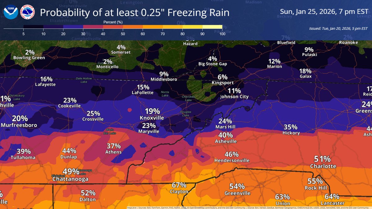 NWSMorristown's tweet photo. Getting a little closer, this system has huge upside potential if the conditions align perfectly, but large uncertainties still remain, *especially* near Georgia where precipitation type is a big question mark. Significant cold likely early next week to hamper melting. https://t.co/TUE3g8B0Mx