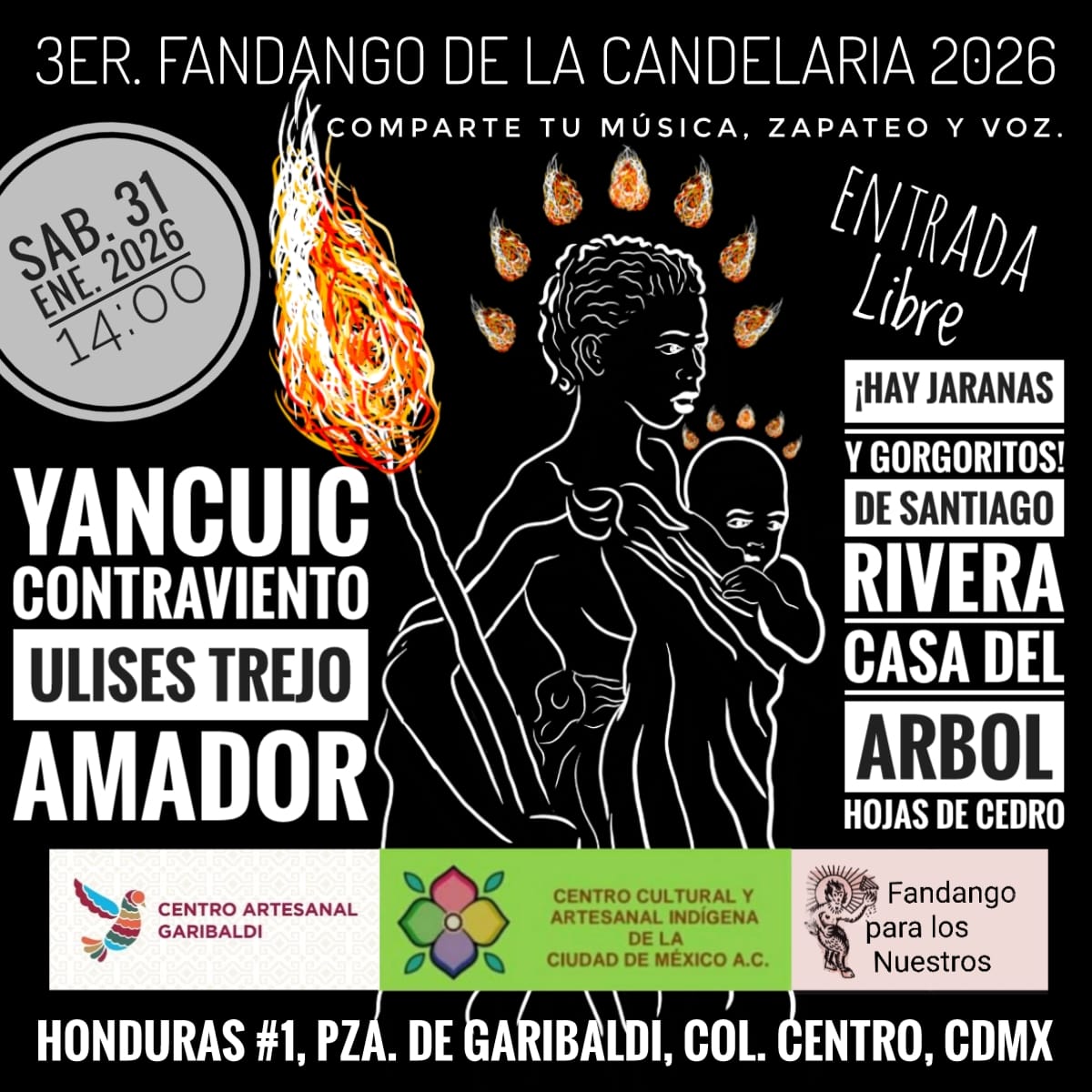 Amigos
Regresan las actividades al #CentroArtesanalGaribaldi Honduras #1
Este 31 de enero - 3er #Fandango De La #Candelaria a partir de las 14:00 horas
Recuerden que todos nuestros eventos son gratuitos y familiares. 
Tenemos: Artesanías, Tlayudas, Mezcal, Gastronomía y mucho más