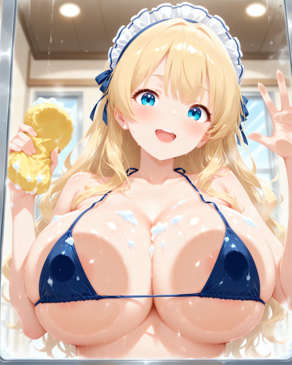 breast press, breasts on glass,cleaning window, cleaning,holding sponge,soap bubbles,
昔のリメイクですわ💕