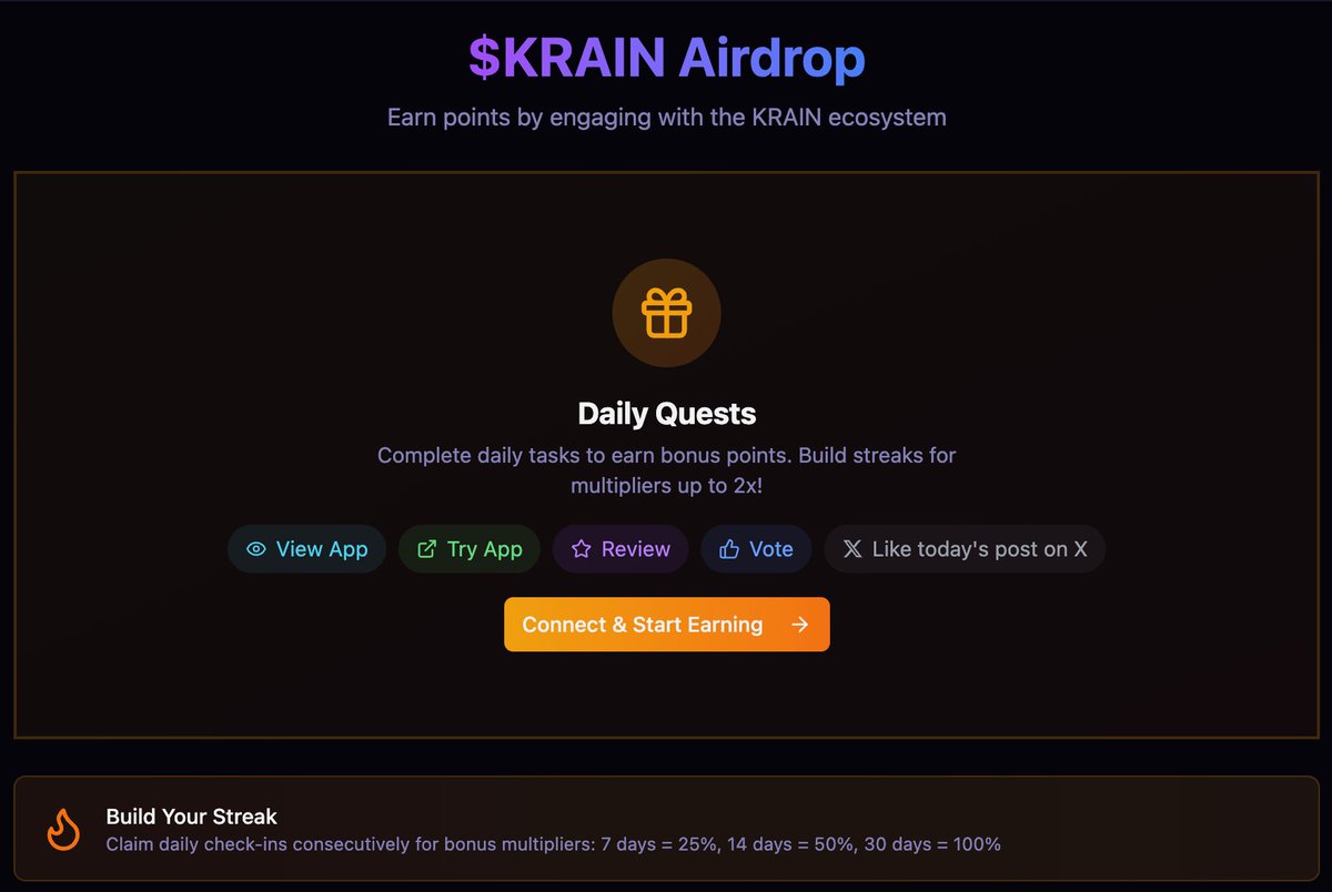 Daily Quests are LIVE

START NOW: app.krain.ai/airdrop

Earn bonus points every day by completing simple tasks on the marketplace.

Daily Tasks:
👀 View an app (+5 pts)
🔗 Try an app - visit website (+10 pts)
⭐ Write a review (+100 pts)
👍 Vote on an app (+15 pts)
🐦 Visit