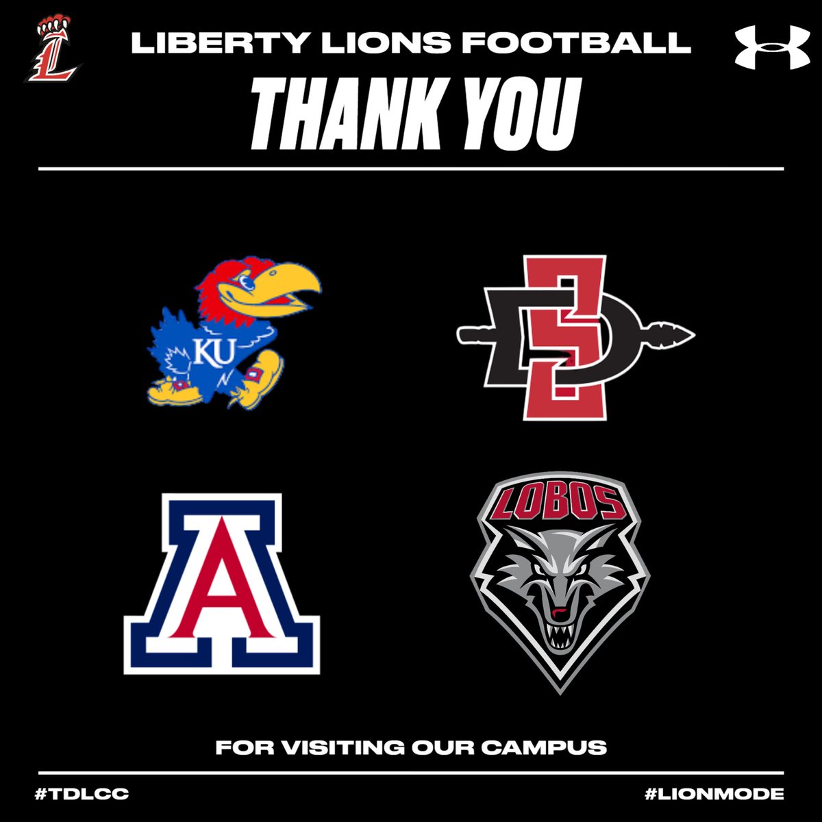 LibertyFBLions's tweet photo. Thank you to the following schools for visiting our student athletes this week!

@KU_Football 
@AztecFB 
@ArizonaFBall 
@UNMLoboFB 

#TDLCC  #LIONMODE https://t.co/ZNSv2ss5A6