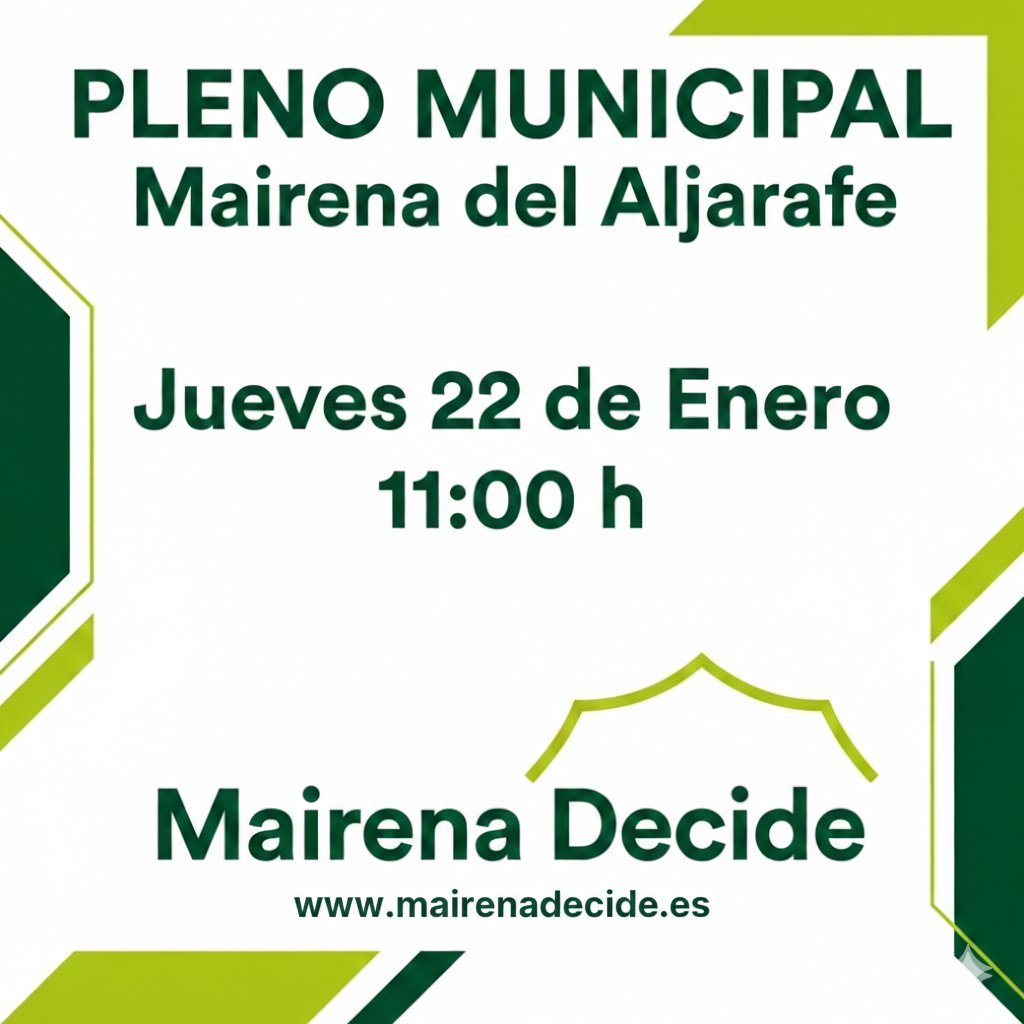 📢 ¡Tu voz es importante!
Creemos en la transparencia y en la participación ciudadana. Ven y entérate de los temas que afectan a nuestro municipio.
🗓️ Jueves, 22 enero 🕚 11:00 h.  Ayuntamiento de Mairena del Aljarafe
#MairenaDelAljarafe #ParticipacionCiudadana #PlenoMunicipal