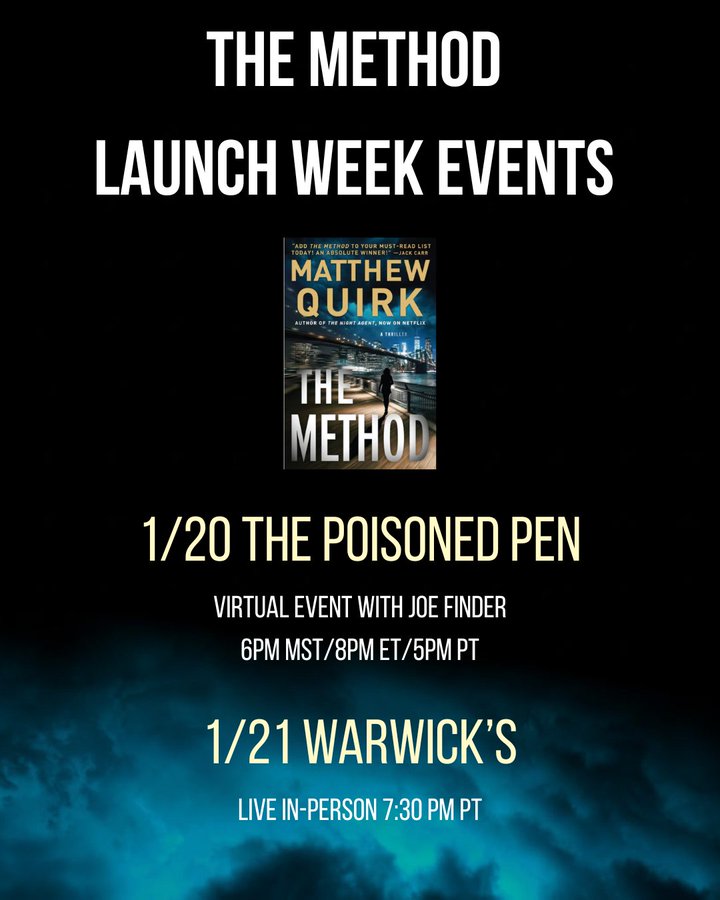 mquirk's tweet photo. Join me and the great @joefinder at @poisonedpen for The Method's virtual launch tonight at 5pm PT/6pm MST/8pm ET. Joe's latest, The Oligarch's Daughter, is just out in paperback, too, and it's terrific. Streaming at:

https://t.co/qMTULsJfuH

AND

https://t.co/5YxrwVBZcX https://t.co/MDoeKKzx9q