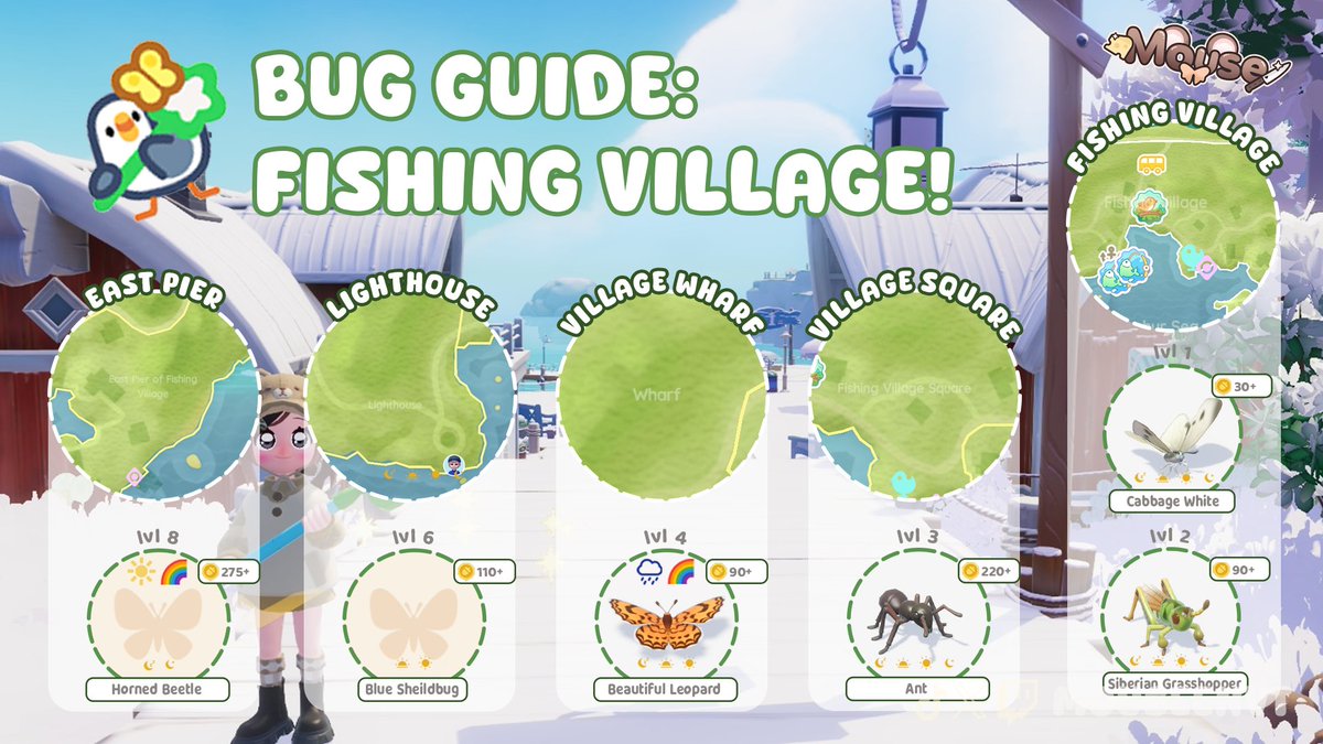 MouseENVT's tweet photo. Heartopia Bug Catching Guide !!   🐛 

🐟Fishing Village 🐟
💫Level 1 - Level 10! 

♡︎/⟳ appreciated! ₍ᐢ. .ᐢ₎
@MyHeartopia #heartopia https://t.co/REerCQTI0C