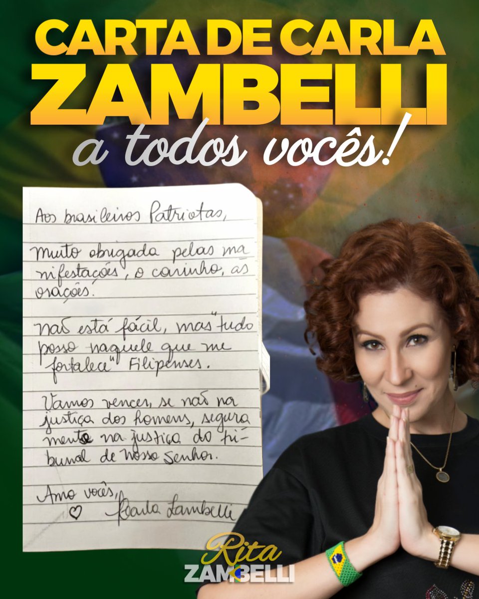 ZambelliRita_'s tweet image. Carta de hoje da minha filha Carla Zambelli a todos os brasileiros patriotas. Se soubessem o quanto ela ama vocês 💚

Em nome da minha família, também agradeço a todos pelo carinho com ela

— @RITAZAMBELLI

#LibertàPerZambelli