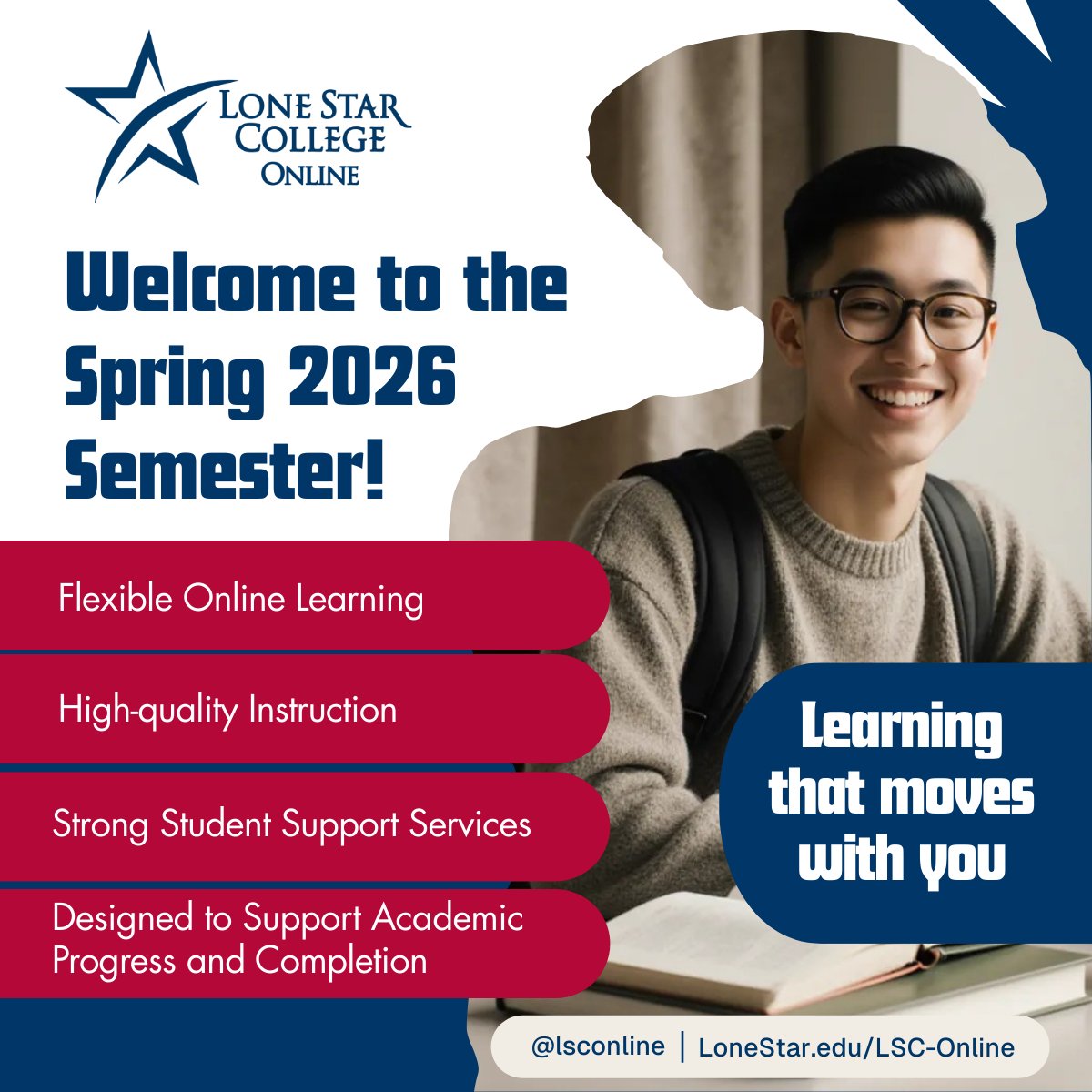 Welcome to the Spring semester!

The Spring semester has begun. Wishing our students, faculty, and staff a successful term.

#onlinelearning #studentsucecss #lsconline