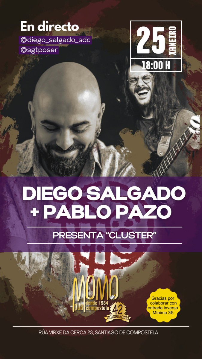Diego Salgado e Pablo Pazo presentan o proxecto musical  “Cluster”. 

#santiagodecompostela 
#musicaenvivo 
#musicaendirecto