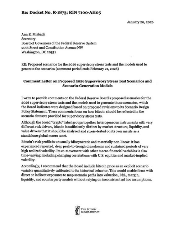 TFTC21's tweet photo. Pierre Rochard submitted a formal comment letter to the Federal Reserve urging them to incorporate Bitcoin price paths into the 2026 supervisory stress test scenarios. https://t.co/DB2QmnbiMl