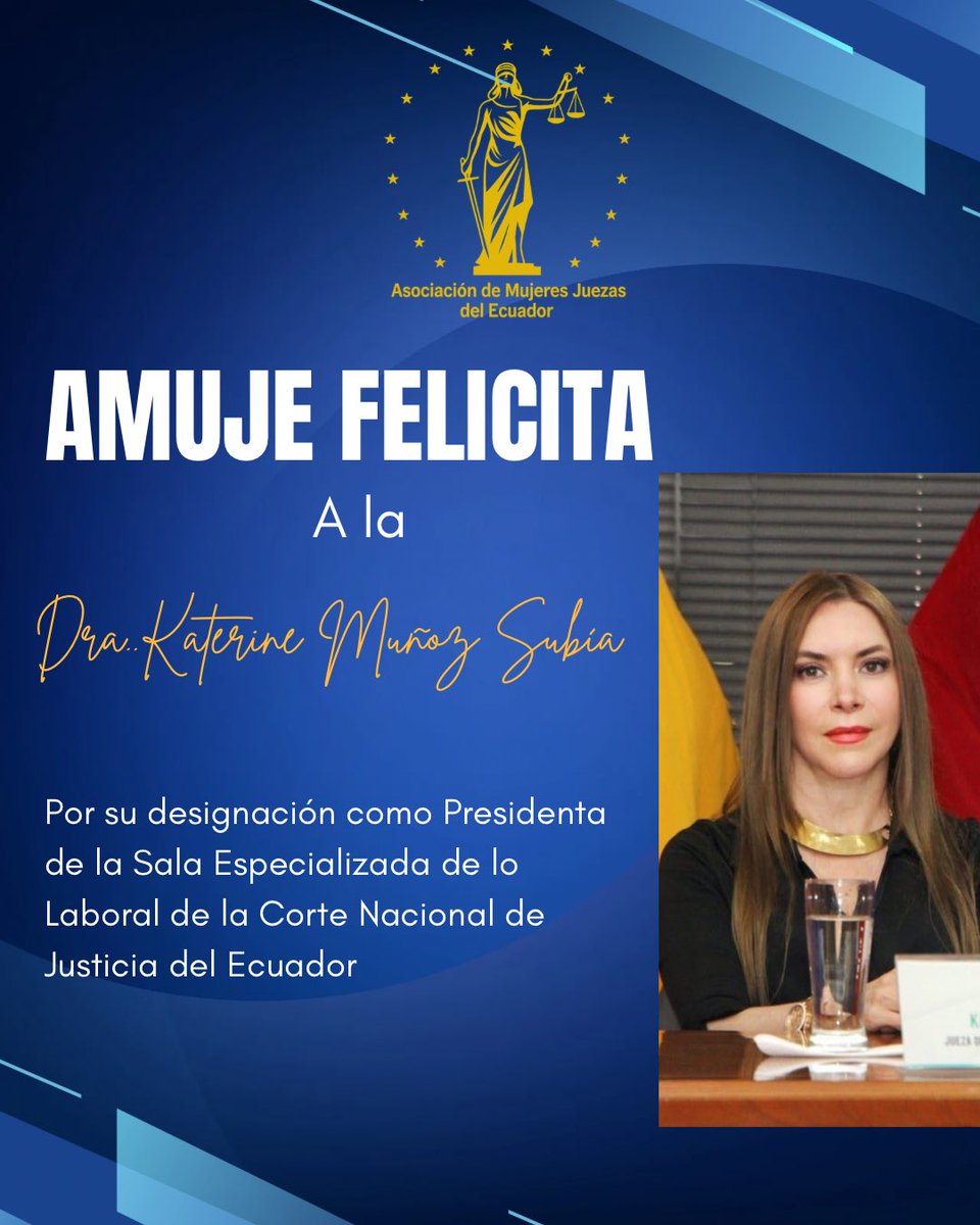 Felicitamos a la Dra. Katerine Muñoz Subía por su designación como Presidenta de la Sala Especializada de lo Laboral de la Corte Nacional de Justicia.
Su liderazgo fortalece la justicia laboral y la presencia de mujeres en la magistratura #MujeresJuezas #JusticiaLaboral #CNJ