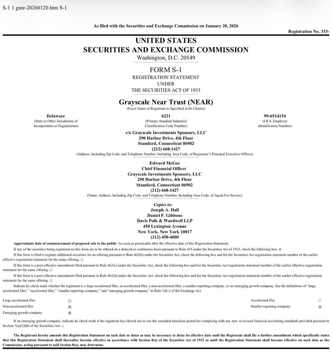 灰度向SEC提交S-1文件，拟推出Grayscale Near Trust，进一步拓展加密信托产品线