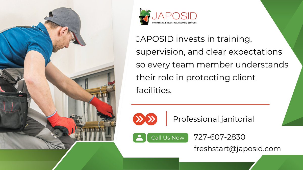 JAPOSID4Hire's tweet image. Professional janitorial service begins with people. Call/text 727-607-2830 or email freshstart@japosid.com  for more
information.

#TrustedClean     #ProfessionalJanitoria   #TeamExcellence #FacilityCare   #JAPOSIDCares   #CleanWithIntegrity #WorkplaceWellness