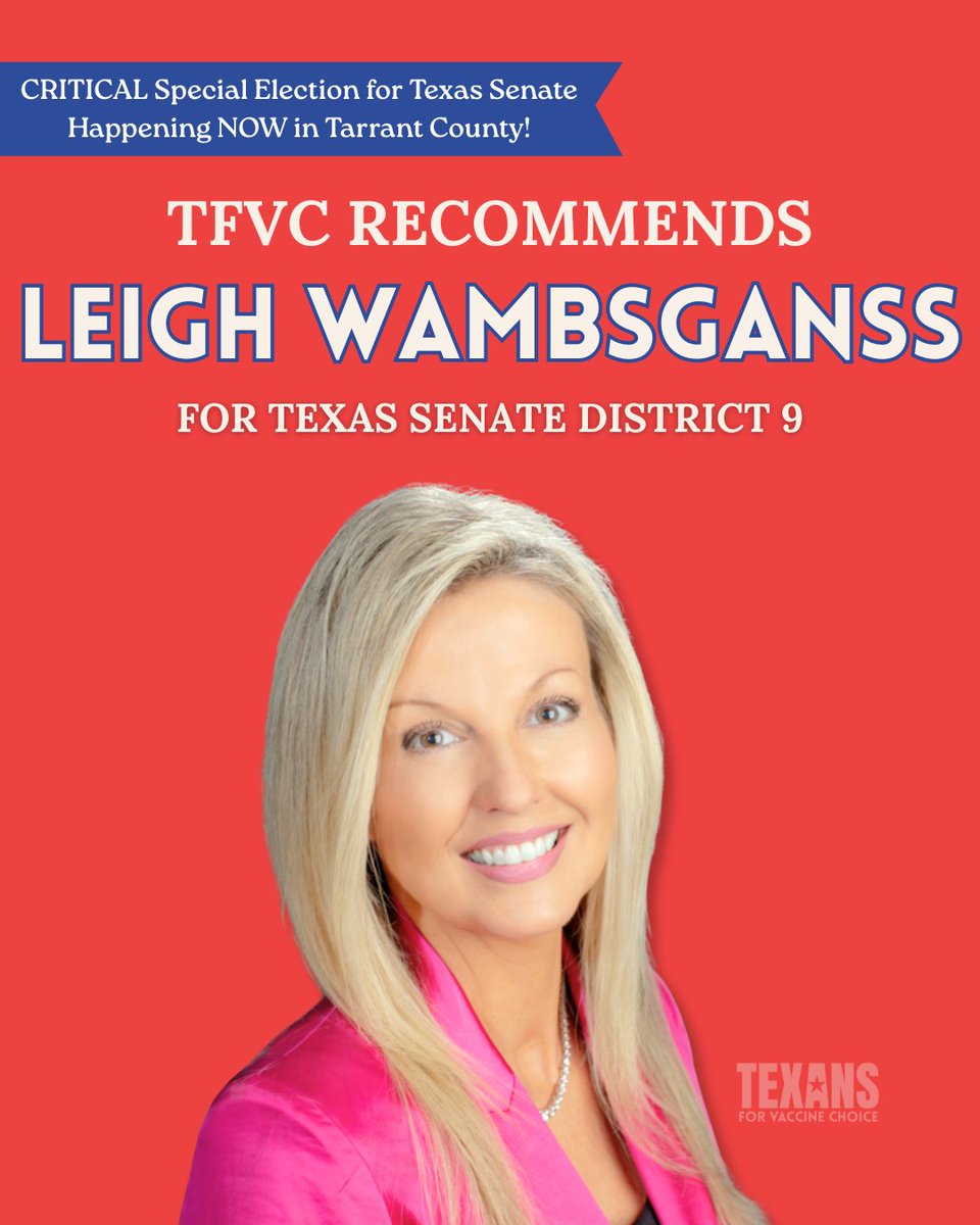 TXforVaxChoice's tweet image. EARLY VOTING BEGINS TOMORROW! Make a plan to vote for Leigh Wambsganss, the TFVC-recommended candidate in the SD 9 Special Election! @LeighForTexas 

Early Voting: January 21–27
Election Day: Saturday, January 31

#getoutthevote