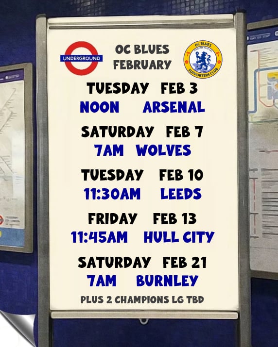 Huge one Wednesday noon at O'Malley's on Main, in Seal Beach.

No 6am meet up on Sunday v Palace.

⚽️: Pafos Champions Lg
📆: Wed Jan 21
⏰: Noon
📺: Paramount+
🍻: @omalleysonmain

#cfc
#ChelseaFC
#CFC
#OCChelseaBlues
#MYPLMorning