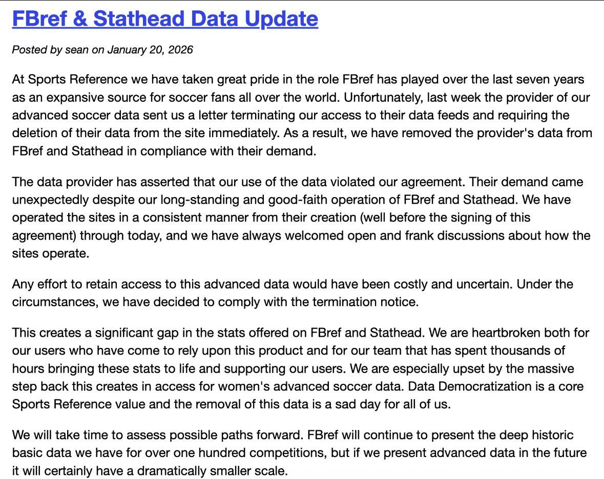 j_clem's tweet image. Terrible news. FBref has been a tremendous resource for many folks covering soccer.  The access to the advanced data only helped the game grow through conversation and analysis.