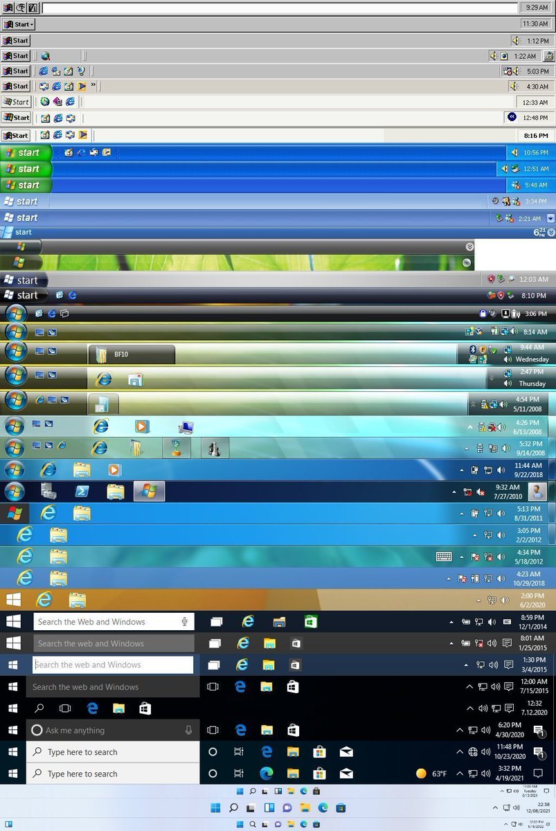 Windows taskbars over the years