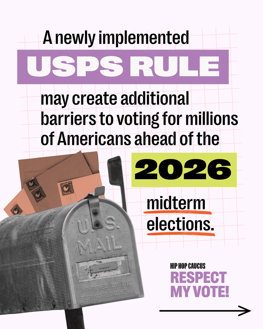 HipHopCaucus's tweet photo. A newly implemented USPS rule could make voting harder for millions ahead of the 2026 midterms.

Mail-in ballots should expand access, not create new barriers. Swipe through to learn what’s changing and why it matters.

#RespectMyVote #VotingRights #ProtectTheVote https://t.co/4xebn8hNZc