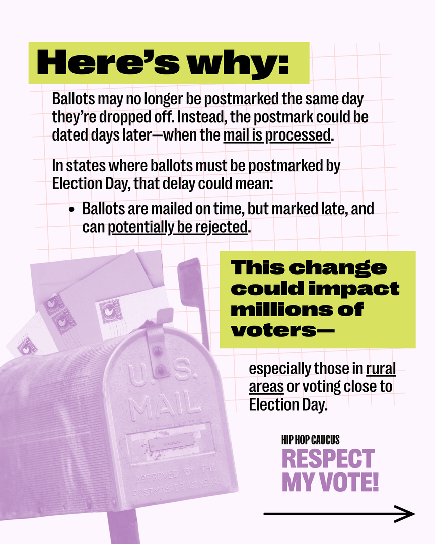 HipHopCaucus's tweet photo. A newly implemented USPS rule could make voting harder for millions ahead of the 2026 midterms.

Mail-in ballots should expand access, not create new barriers. Swipe through to learn what’s changing and why it matters.

#RespectMyVote #VotingRights #ProtectTheVote https://t.co/4xebn8hNZc