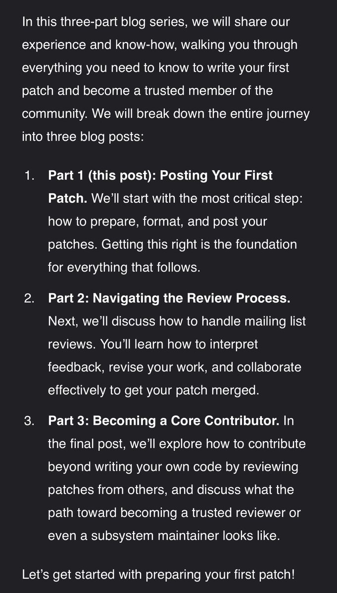 andersonc0d3's tweet image. Becoming a Kernel Developer (1/3): Posting Your First Patch

linaro.org/blog/becoming-…

Becoming a Kernel Developer (2/3): Posted patches, what next?

linaro.org/blog/blog-2-po…

Becoming a Kernel Developer (3/3): You have patches upstream, great! How to contribute more!…