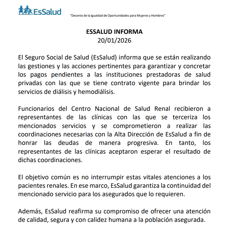 saludconlupa's tweet photo. Tras el plantón de pacientes y de clínicas que brindan diálisis a asegurados de @EsSaludPeru y denunciaban falta de pago, EsSalud informó que el Centro Nacional de Salud Renal hará pagos progresivos de la deuda.

La falta de pagos puso en riesgo tratamientos vitales. https://t.co/bJBn6ciaZ3