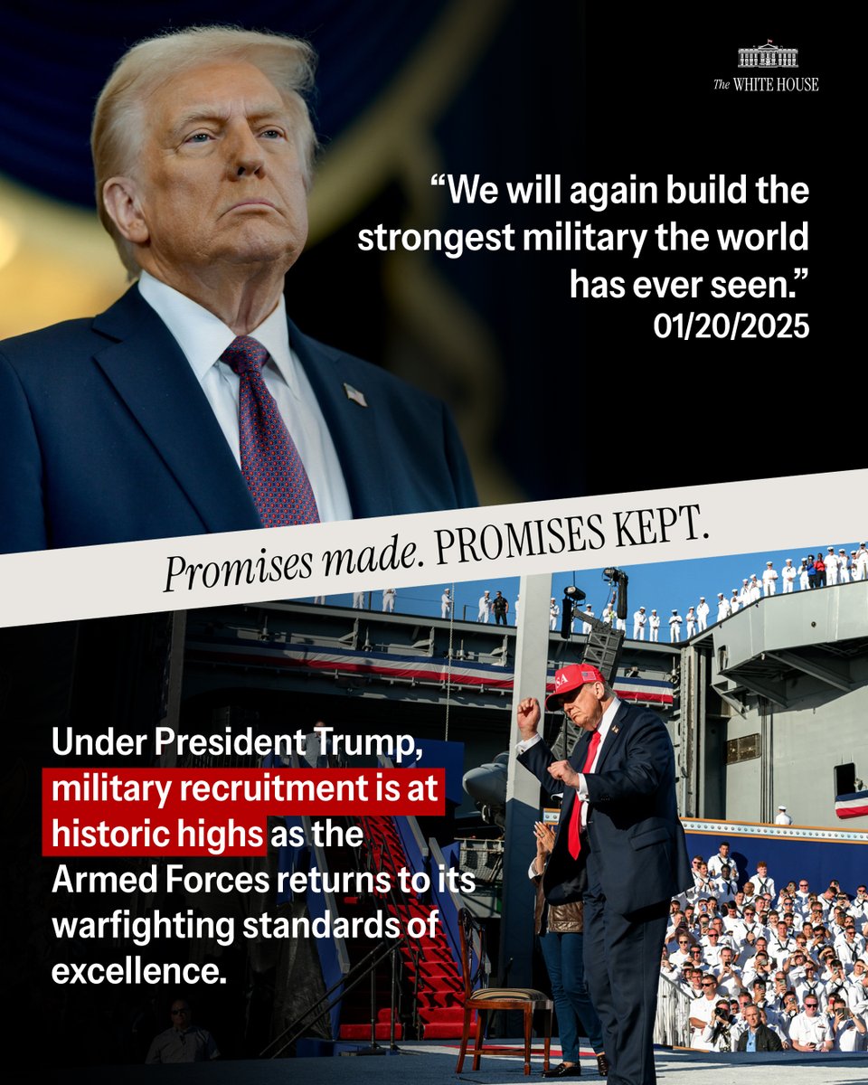 🇺🇸 PROMISES MADE, PROMISES KEPT!

Under President Trump and <a href="/SecWar/">Secretary of War Pete Hegseth</a>, military recruitment is at HISTORIC highs 🔥🦅