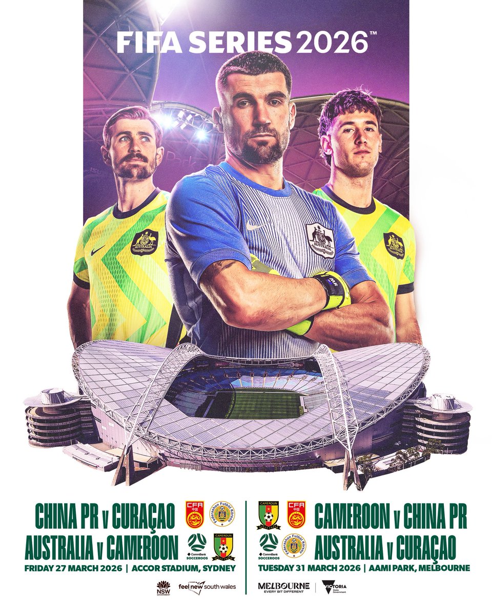 Socceroos's tweet image. SYDNEY &amp;amp; MELBOURNE: Your CommBank #Socceroos are back on home soil this March to face Cameroon and Curaçao in the FIFA Series 2026™ 💚💛

🇦🇺 v 🇨🇲 - Accor Stadium 27.03.25
🇦🇺 v 🇨🇼 - AAMI Park 31.03.25

🎟️ Join FA+ today to get early access to the pre-sale and 15% off tickets,…