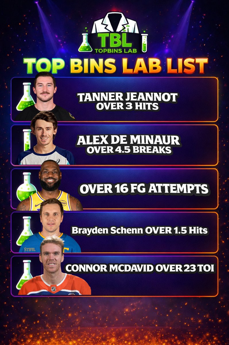 TopBinsLab's tweet image. 🚨 PROP LIST LOCKED 🚨
Today’s list is FINAL — everything has either been bumped or removed 

💰 Let’s have a GREAT day
📈 Positive energy only
🧪 The Lab is dialed in

👉 Pairs posted in PREMIUM — Join the Lab dubclub.win/af/afl-gbm7e/ 👈
👇👇👇
👉 Join the DISCORD…