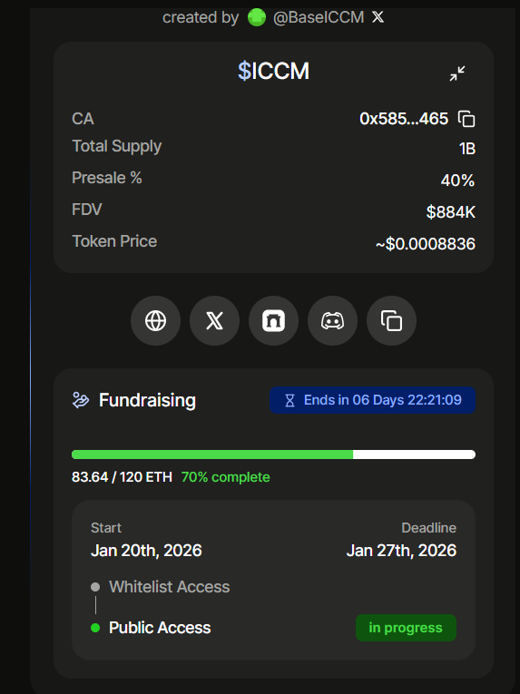 The <a href="/BaseICCM/">iccm.base.eth</a> presale went live about 1 hour ago.

Update:

- 75 ETH was allocated for the whitelist phase and 73.45 ETH was raised durig this phase.

There were some backend technical issues during the whitelist phase, but those appear to have been resolved.

- The public phase