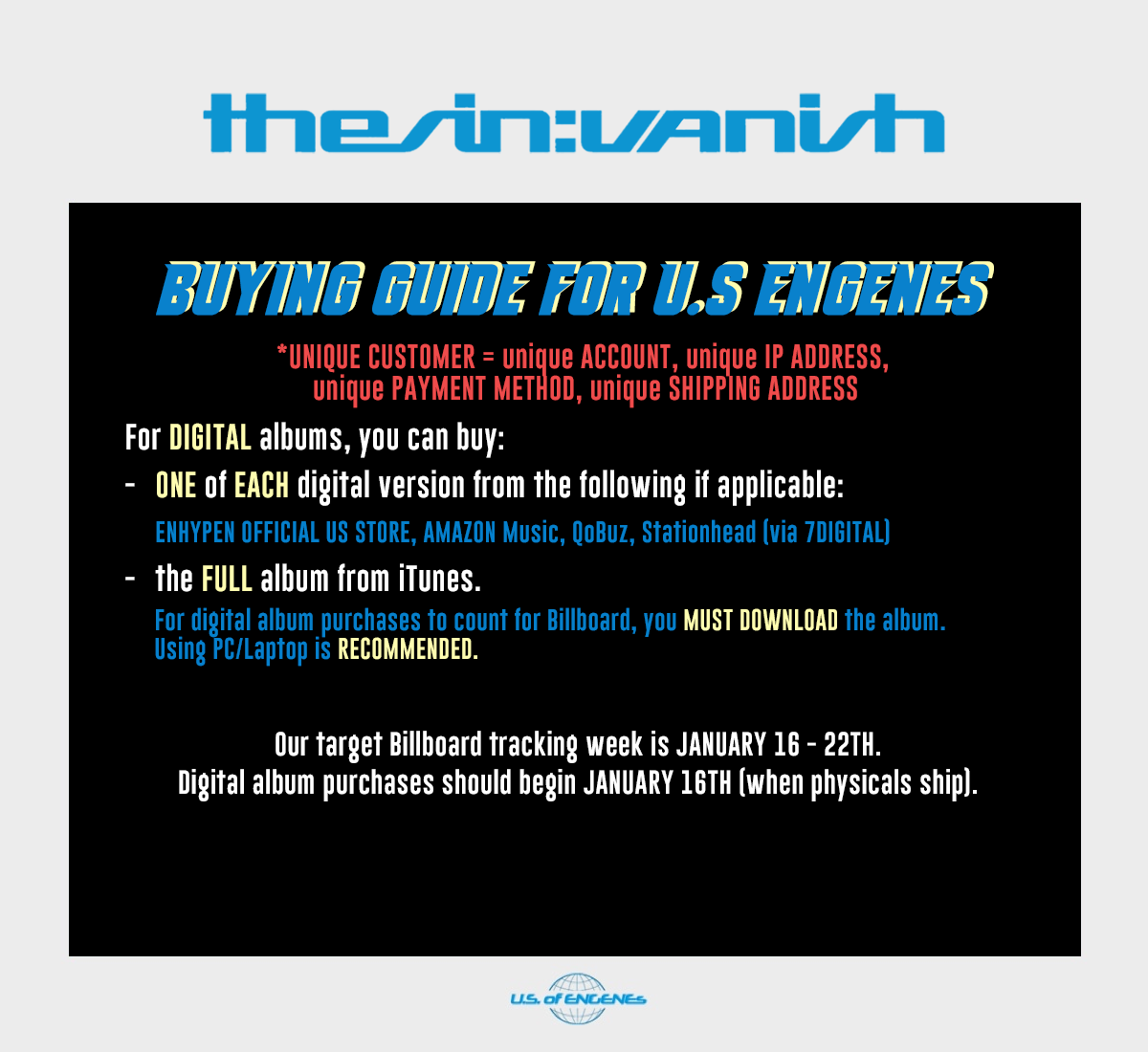 USofENGENEs's tweet image. 💥 ENGENEs! 💥

📢‼️‼️ ALERT ‼️‼️📢
 
Mid-week predictions for Billboard op 200 are IN, and although we’re at #3, LOOK AT HOW CLOSE IN UNITS WE ARE TO OUR COMPETITORS! 
ENGENEs, we need YOU to help us PUSH for more people to PURCHASE the album and to STREAM PROPERLY. We’re…