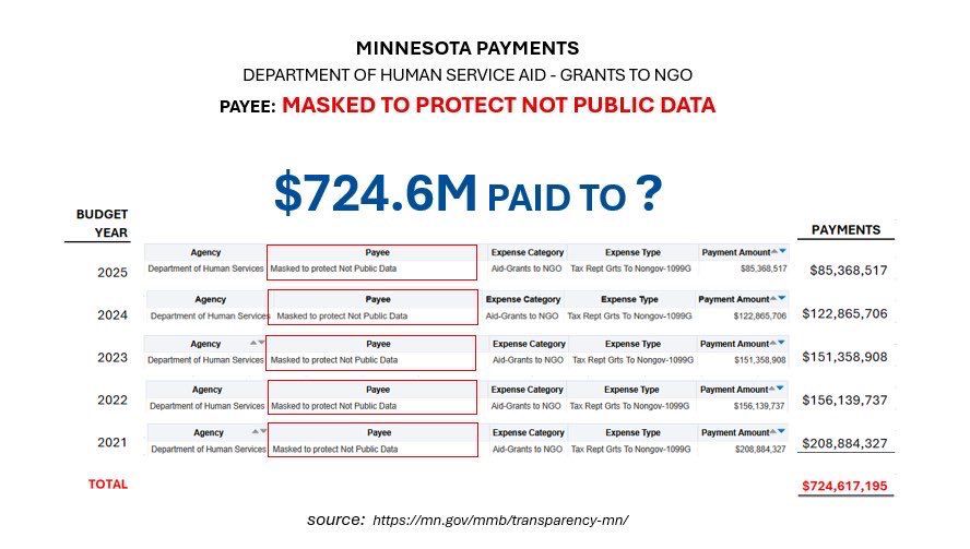 🚨🇺🇸 MINNESOTA'S $724M MYSTERY NGO: MASKED LIKE A SUPER VILLAIN

Minnesota's Department of Human Services dropped a staggering $724 million on a single NGO over five years, but here's the wild part, the payee name is "Masked to protect Not Public Data.”

Every other NGO gets