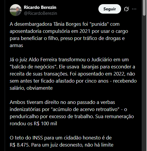 BrazilenDireita's tweet image. É isso mesmo @CNJ_oficial ???

A desembargadora Tânia Borges foi "punida" com #aposentadoria compulsória em 2021 por usar o cargo para beneficiar o filho, preso por tráfico de #drogas e #armas.
