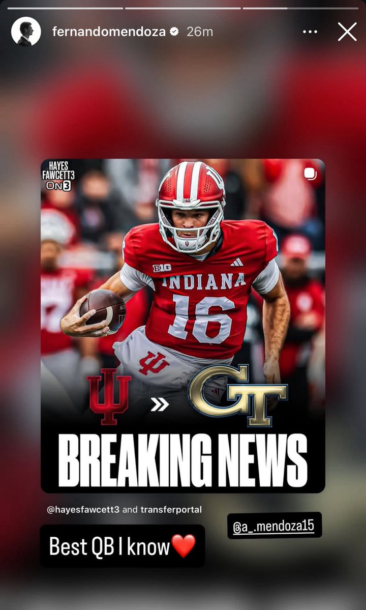Jared_Kelly7's tweet image. Fernando Mendoza posted about Alberto Mendoza’s transfer to Georgia Tech:

“Best QB I know ❤️” 

(via Fernando’s Instagram story). #iufb