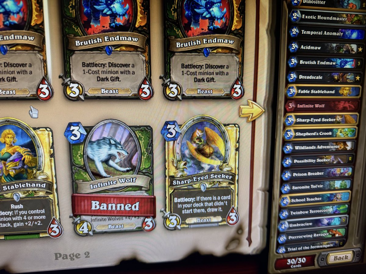 darkfielder's tweet photo. Infinite Wolf is now banned in @PlayHearthstone arena. I have to retire this deck. @ZeddyHS https://t.co/BlhVs3cA01