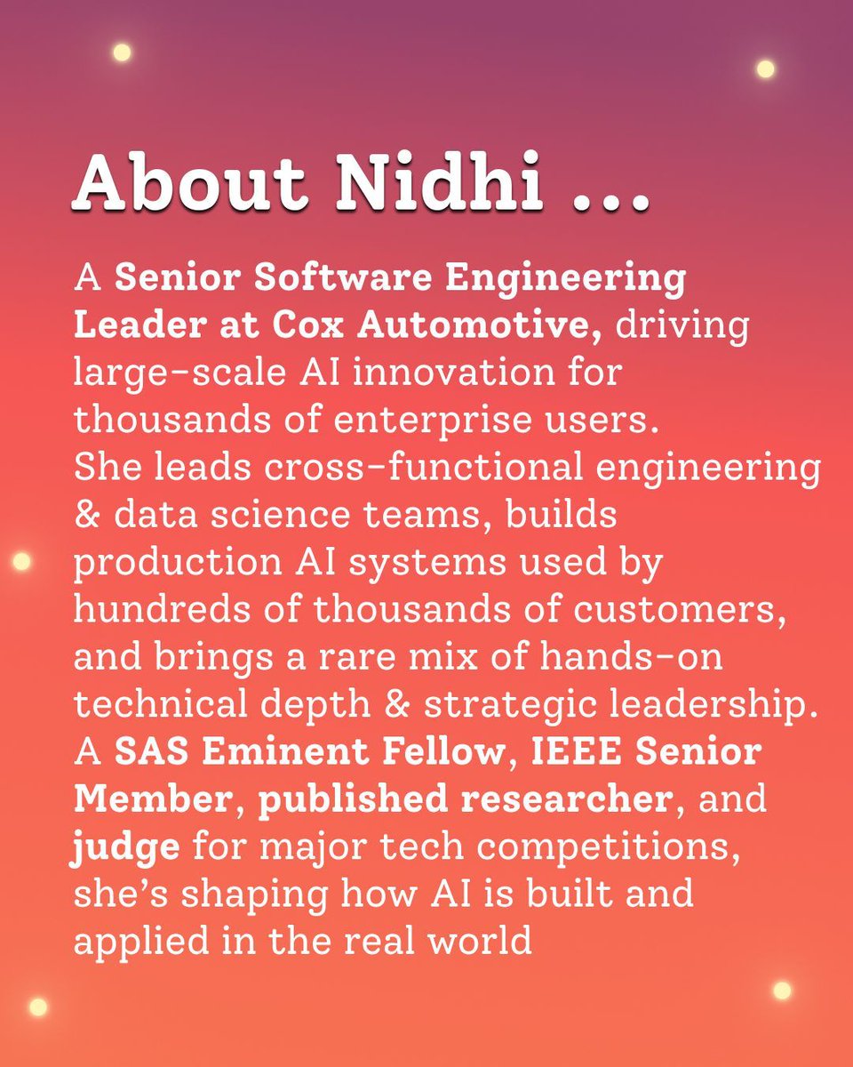 rosehackucr's tweet photo. From hands on engineering to leading global AI systems ✨
🎤 Our keynote speaker, Nidhi Sharma, brings 15 years of experience at the intersection of research &amp; real world AI, building enterprise scale systems, leading cross functional teams, and shaping the future of AI. https://t.co/XcHj1npJTY