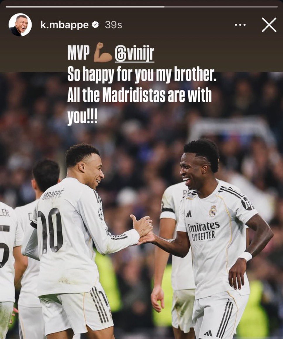 🚨🚨 « 𝗝𝗘 𝗦𝗨𝗜𝗦 𝗦𝗜 𝗖𝗢𝗡𝗧𝗘𝗡𝗧 𝗣𝗢𝗨𝗥 𝗧𝗢𝗜 𝗠𝗢𝗡 𝗙𝗥𝗘̀𝗥𝗘.

MVP 💪

TOUS LES MADRIDISTAS SONT AVEC TOI !! » 

La story de Kylian Mbappé 🇫🇷 pour Vinicius Junior 🇧🇷. 🥰

📲 IG