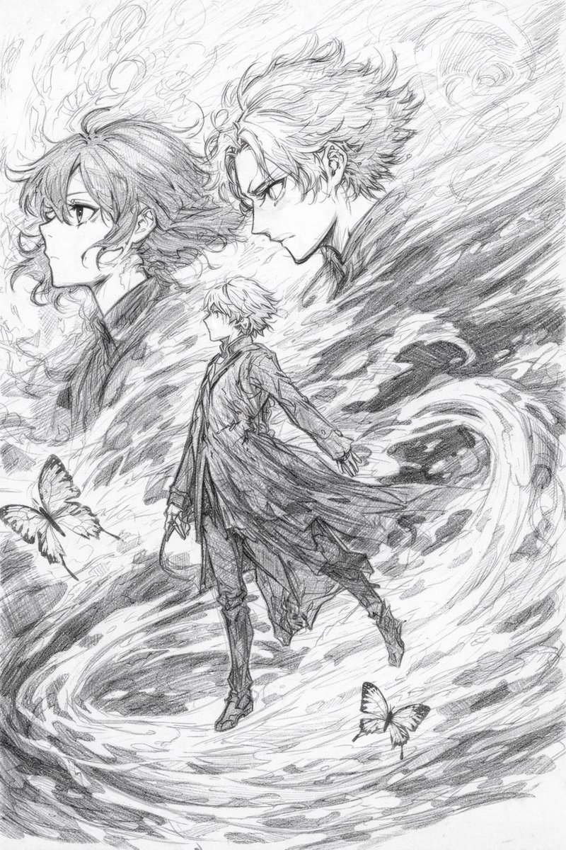 三つの瞳、風の裂け目】 いずれ色をつけますが、鉛筆ペンだけ使ってみ