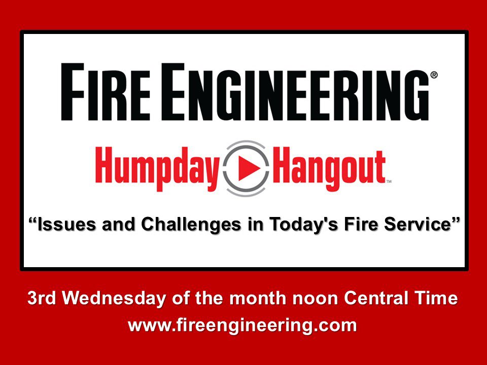 chieflasky's tweet image. Humpday Hangout LIVE tomorrow. Our topic will be "Deployment models; Riding and Pre-arrival Assignments. Should you have a game plan and do they work?" We’ll be hanging out with our regular cast; Rick Lasky, John Salka, Scott Thompson and Curtis Birt. @fireengineering…