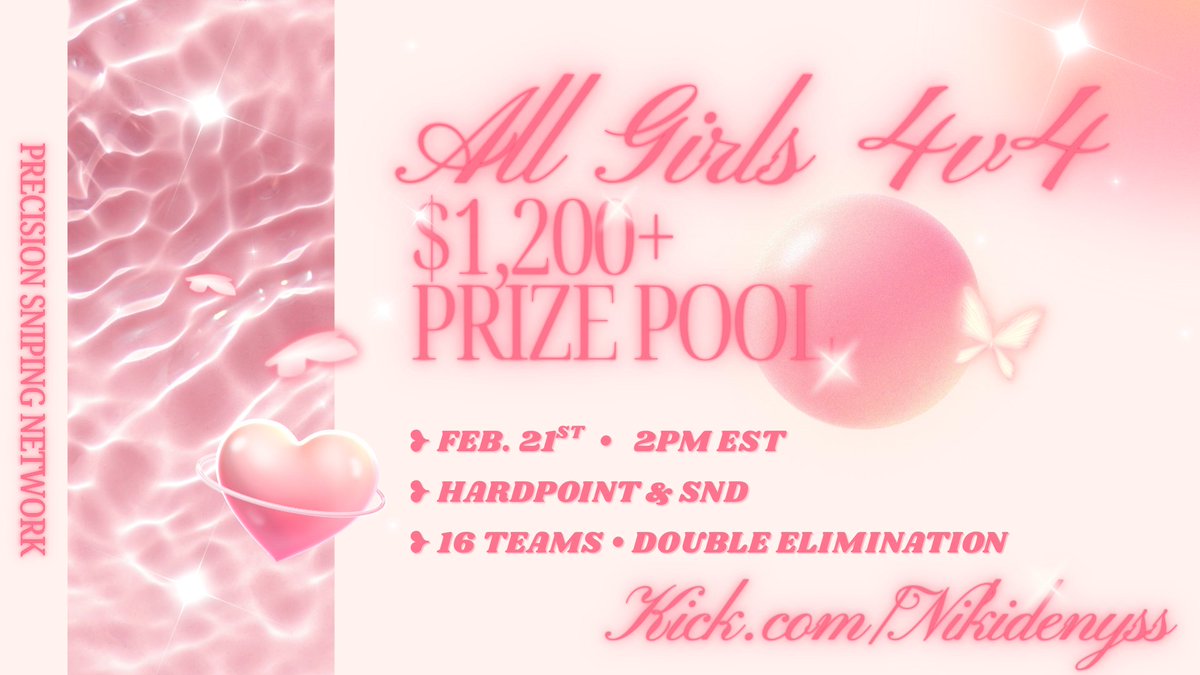 💗🤍 ALL GIRLS 4v4 TOURNEY 🤍💗
Hosted by Precision Sniping Network 🎯
This has been in the works for a while and we’re beyond excited to finally bring it to life ✨
We love women, we love comp, and we can’t wait to showcase this 🔥

💬 To join: hop in the Discord and ask an