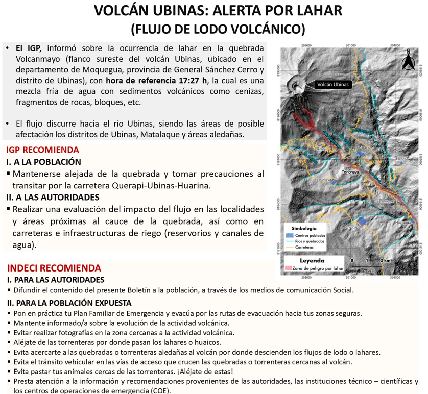 COENPeru's tweet photo. ⚠️Moquegua: esta tarde se registró un #Lahar en la quebrada Volcanmayo (flanco sureste del volcán Ubinas), según el @igp_peru. El flujo discurre hacia el río Ubinas, siendo las áreas de posible afectación los distritos de Ubinas, Matalaque y áreas aledañas. El @indeciperu recomienda a la población mantenerse alejada de la zona y tomar precauciones al transitar por la carretera Querapi-Ubinas-Huarina.